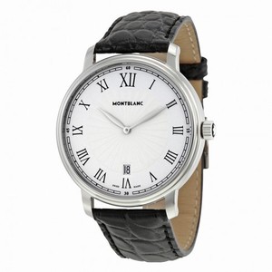 Montblanc Tradition Date White Guilloche Dial Black Leather Men's Watch 112633