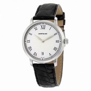 Montblanc Tradition Date White Guilloche Dial Black Leather Men's Watch 112635