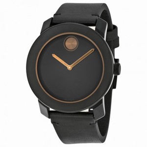 Movado Bold Black Dial Black Leather Band Black Stainless Steel Case Men's Quartz Watch 3600297