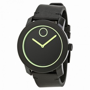 Movado Bold Black Dial Green-tone Hands Black Leather Strap Men's Quartz Watch 3600273