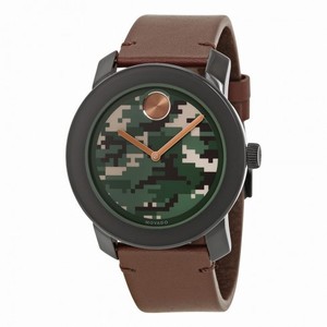 Movado Bold Camouflage-Print Dial Brown Leather Strap Black Stainless Steel Men's Quartz Watch 3600302