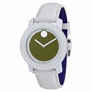 Movado Bold Green Dial White Leather Strap Ladies Watch 3600051
