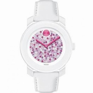 Movado Bold Multicolor Diamond Dial White Leather Band White Stainless Steel Case Ladies Quartz Watch 3600262