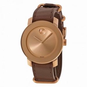 Movado Bold Rose Gold Tone Dial Brown Leather Unisex Watch 3600364
