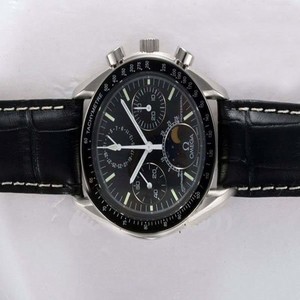 Omega Speedmaster Moon Phase 3576.50.00 Black Dial Round Black Crocodile Leather Strap Watch