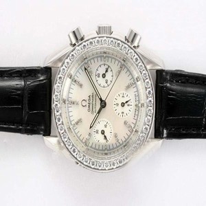Omega Speedmaster Reduced 3815.70.36 Diamond Bezel Black Cow Leather Strap White Dial Watch