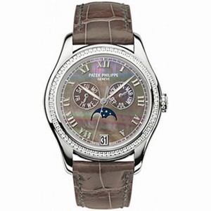 Patek Philippe Black Mother of Pearl Dial 18kt White Gold Brown Leather Automatic Diamond Ladies Watch 4936G-001