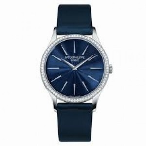 Patek Philippe Calatrava Blue Dial Diamond 18kt White Gold Ladies Watch 4897G-001