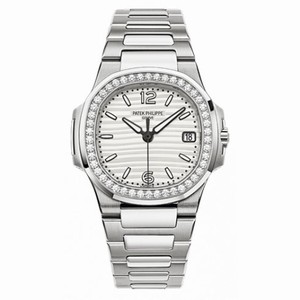 Patek Philippe Nautilus Silvery White Dial Ladies 18 Carat White Gold Set With Diamonds Watch 7010/1G-011