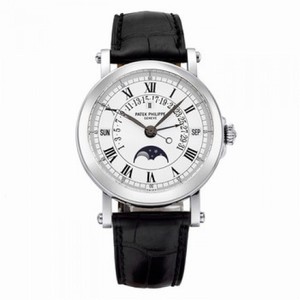 Patek Philippe Perpetual Calendar Silver Dial 18kt White Gold Black Leather Men's Watch 5059G