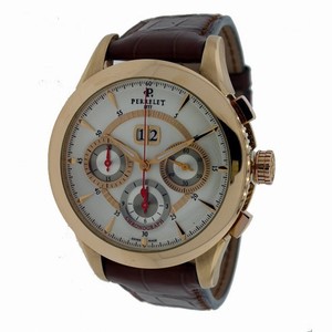 Perrelet Big Date Chronograph White Dial Brown Leather 18kt Rose Gold Men's Watch A3001/3