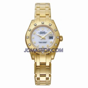 Rolex Pearlmaster White Arabic Dial Pearlmaster Bracelet Diamond Bezel 18k Yellow Gold Ladies Watch 80318WAO