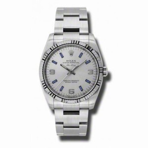 Rolex Airking Silver Arabic Blue Stick Dial Fluted 18k White Gold Bezel Oyster Bracelet Men's Watch 114234SABLSO