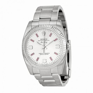 Rolex Airking Silver Arabic Pink Stick Dial Fluted 18kt White Gold Bezel Oyster Bracelet Men's Watch 114234SAPSO