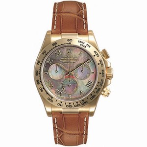Rolex Cosmograph Daytona Black Mother of Pearl Roman Dial Brown Leather Bracelet 18k Yellow Gold Watch 116518BMRL