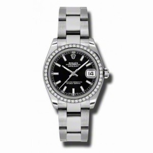 Rolex Datejust Black Dial 18kt White Gold Diamond Bezel Ladies Watch 178384BKSO