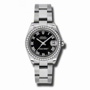 Rolex Datejust Black Roman Dial 18kt White Gold Diamond Bezel Ladies Watch 178384BKRO