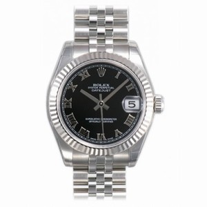 Rolex Datejust Black Roman Dial Jubilee Bracelet 18k White Gold Fluted Bezel Unisex Watch 178274BKRJ