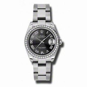 Rolex Datejust Black Sunburst Roman Dial 18kt White Gold Diamond Bezel Ladies Watch 178384BKSBRO