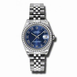 Rolex Datejust Blue Roman Dial 18kt White Gold Diamond Bezel Ladies Watch 178384BLRJ