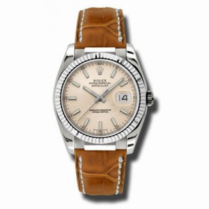 Rolex Datejust Pink Dial 18kt White Gold Brown Leather Strap Men's Watch 116139PSL