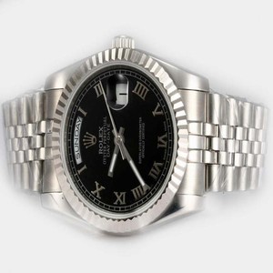Rolex Day-Date 18239 Mens Silver Stainless Steel Strap Black Dial 36mm Watch