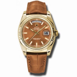 Rolex Day Date Cognac Dial 18K Yellow Gold Leather Men's Watch 118138COL
