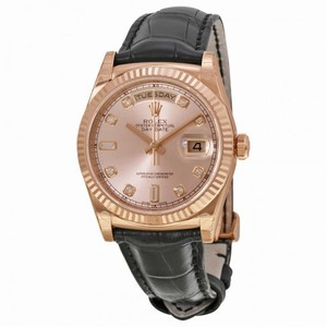 Rolex Day-Date President Automatic Pink Champagne Diamond Dial Black Leather Unisex Watch 118135PKDL