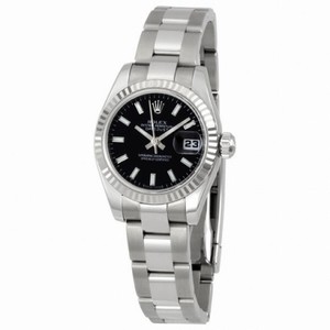 Rolex Datejust Black Index Dial Oyster Bracelet 18k White Gold Fluted Bezel Ladies Watch 179174BKSO