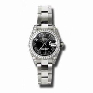 Rolex Lady Datejust Black Roman Dial 18k White Gold Diamond Case and Bezel Oyster Bracelet Watch 179159BKRO