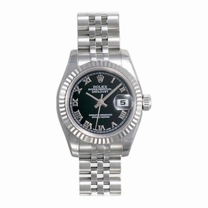 Rolex Datejust Black Roman Dial Jubilee Bracelet 18k White Gold Fluted Bezel Ladies Watch 179174BKRJ