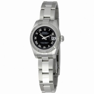 Rolex Datejust Black Roman Dial Oyster Bracelet 18k White Gold Fluted Bezel Ladies Watch 179174BKRO