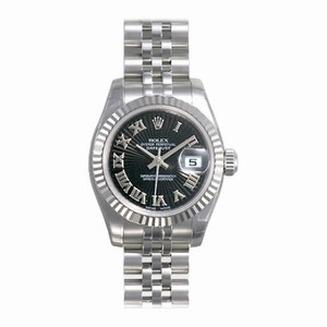 Rolex Lady Datejust Black Sunburst Roman Dial Jubilee Bracelet 18k White Gold Fluted Ladies Watch 179174BKSBRJ