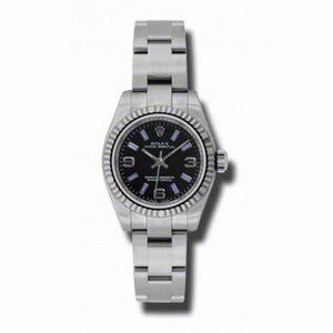 Rolex No Date Black Arabic and Blue Stick Dial 18k White Gold Fluted Bezel Stainless Steel Oyster Bracelet Ladies Watch 176324BKABLSO