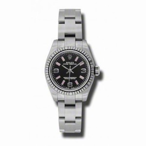 Rolex No Date Black Arabic and Pink Stick Dial 18k White Gold Fluted Bezel Stainless Steel Oyster Bracelet Ladies Watch 176324BKAPSO