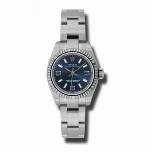 Rolex No Date Blue Arabic Stick Dial 18k White Gold Fluted Bezel Stainless Steel Oyster Bracelet Ladies Watch 176324BLASO