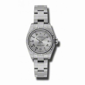Rolex No Date Rhodium Roman Dial 18k White Gold Fluted Bezel Stainless Steel Oyster Bracelet Ladies Watch 176324RRO