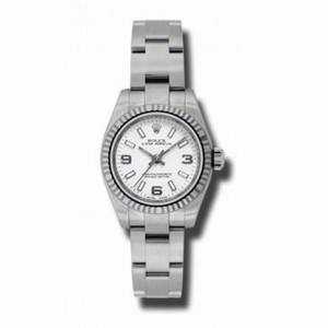 Rolex No Date White Arabic Stick Dial 18k White Gold Fluted Bezel Stainless Steel Oyster Bracelet Ladies Watch 176324WASO