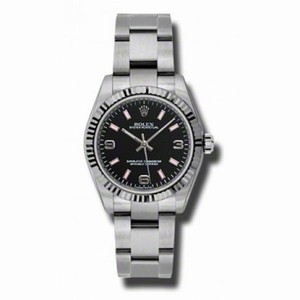 Rolex No Date Black Arabic and Pink Stick Dial 18k White Gold Fluted Bezel Oyster Bracelet Watch 177234BKAPSO