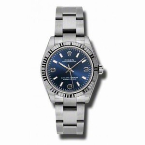 Rolex No Date Blue Arabic and Stick Dial 18k White Gold Fluted Bezel Oyster Bracelet Watch 177234BLASO