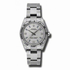 Rolex No Date Silver Arabic and Blue Stick Dial 18k White Gold Fluted Bezel Oyster Bracelet Watch 177234SABLSO