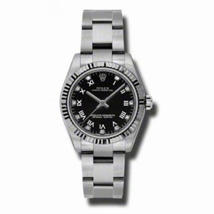 Rolex Oyster Perpetual Black Diamond Dial 18kt Fluted White Gold Bezel 31 MM Unisex Watch 177234BKDO