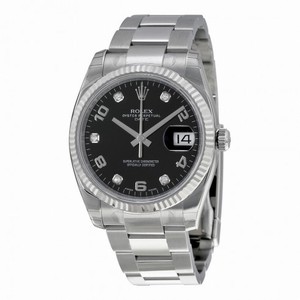 Rolex Oyster Perpetual Date Black Dial Fluted 18k White Gold Bezel Men's Watch 115234BKADO