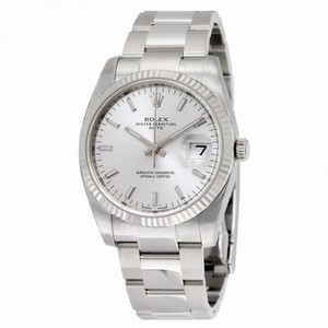 Rolex Oyster Perpetual Date Silver Dial Fluted 18k White Gold Bezel Men's Watch 115234SSO