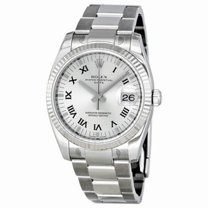 Rolex Oyster Perpetual Date Silver Dial Fluted 18k White Gold Bezel Men's Watch 115234SRO