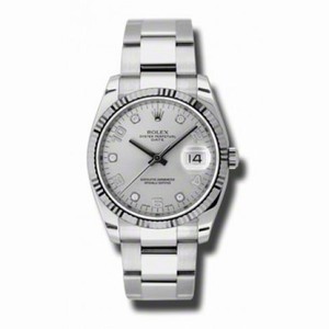 Rolex Oyster Perpetual Date Silver Dial Fluted 18kt White Gold Bezel Men's Watch 115234SADO