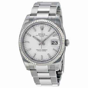 Rolex Oyster Perpetual Date White Dial Fluted 18kt White Gold Bezel Men's Watch 115234WSO