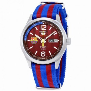 Seiko 5 F.C. Barcelona Automatic Burgundy Dial Striped Nylon Strap Men's Watch SRP305