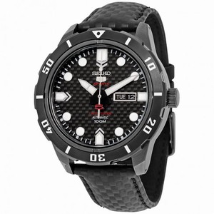 Seiko 5 Sports Black Carbon Fiber Dial Black Leather Men's Watch SRP721K1S
