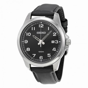 Seiko Black Dial Black Leather Quartz Men's Watch SUR159